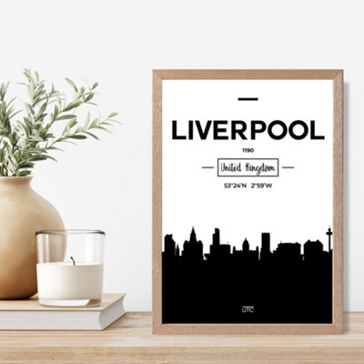 Liverpool Black and White City Skyline Framed Print SIZE: A4 with Oak Frame