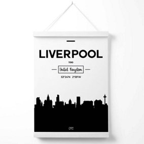 Liverpool Black and White City Skyline Poster with Hanger / 33cm / White