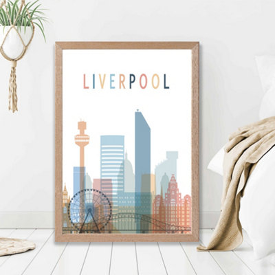 Liverpool Colourful City Skyline Framed Print SIZE: A2 with Oak Frame