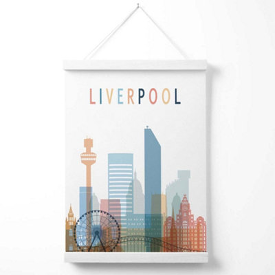 Liverpool Colourful City Skyline Poster with Hanger / 33cm / White