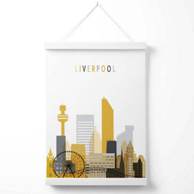 Liverpool Yellow and Grey City Skyline Poster with Hanger / 33cm / White