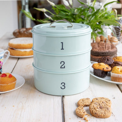 Living Nostalgia Traditonal Style 3 Tier Airtight Cake Tin Set Vintage Blue