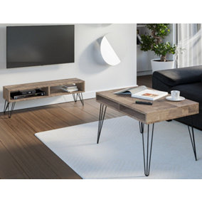 Living Room Furniture Set TV Unit Console Coffee Table Hairpin Dark Oak Effect MR