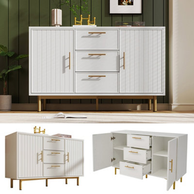 Living Room Sideboard Cabinet: White Chest of Drawers with 2 Doors, 3 Drawers, and Adjustable Shelf (40D x 120W x 75H CM)