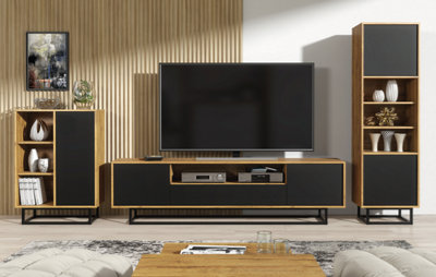 Living Room TV Unit 200cm Set Loft Oak Black Matt Doors Creative Furniture