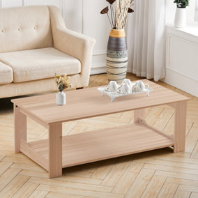 Livingandhom Wood Color 2 Tier Simple Wooden Small Coffee Table Storage Desk