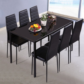 Livingandhome 1.4M Black Glass Dining Table with Set of 6 Faux Leather Dining Chairs