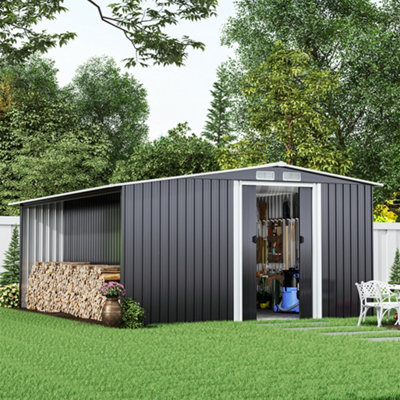Livingandhome 10.2 x 8.8 ft Black Metal Garden Storage Shed with 9.8 x 2.1 ft Log Store