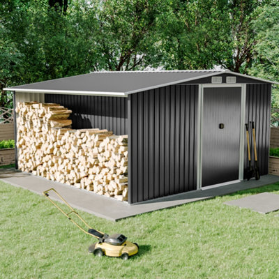 Livingandhome 10.2 x 8.8 ft Black Metal Garden Storage Shed with 9.8 x 2.1 ft Log Store