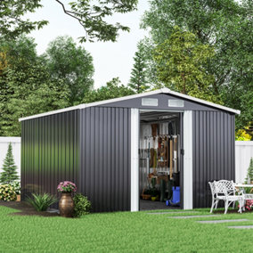 Livingandhome 10 x 8 ft Charcoal Black Metal Garden Shed Apex Roof with Base