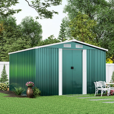 Livingandhome 10 x 8 ft Dark Green Metal Shed Garden Storage Shed Apex Roof Double Door with Base