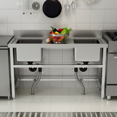 Livingandhome 2 Compartment Commercial Floorstanding Stainless Steel Kitchen Sink with Drinboard 130 cm