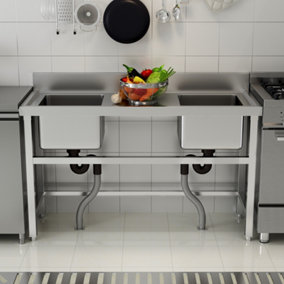 Livingandhome 2 Compartment Commercial Floorstanding Stainless Steel Kitchen Sink with Drinboard 130 cm