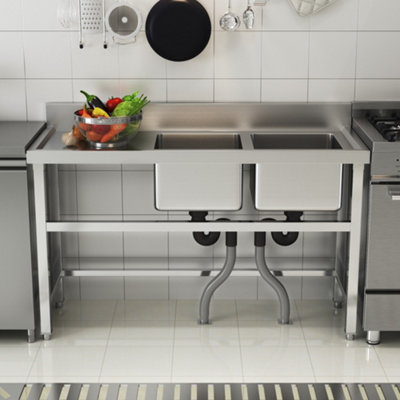 Livingandhome 2 Compartment Commercial Floorstanding Stainless Steel Kitchen Sink with Left Drinboard