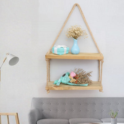 Livingandhome 2 Layer Rustic Adjustable Rope Hanging Wooden Wall Shelf