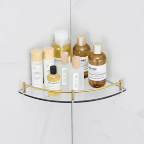 Livingandhome 2 Pcs Gold Wall Mounted Tempered Glass Bathroom Corner Shelf Shower Storage Organizer