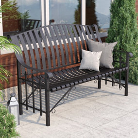 Livingandhome 2 Seater Black Modern Cast Iron Metal Slat Armchair Garden Bench