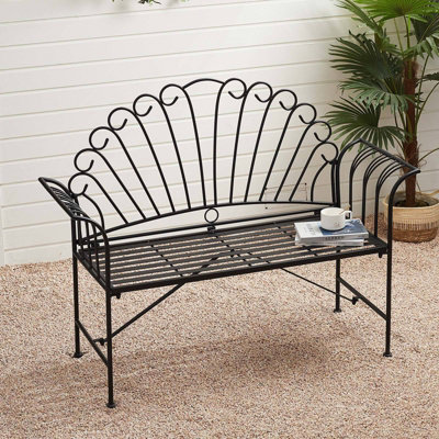 Livingandhome 2 Seater Black Scalloped Rustproof Garden Cast Iron Bench