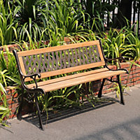 Livingandhome 2 Seater Retro Rustproof Metal Wood Garden Patio Bench with Backrest 125cm