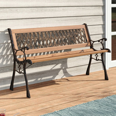 Livingandhome 2 Seater Retro Rustproof Metal Wood Garden Patio Bench with Backrest 125cm