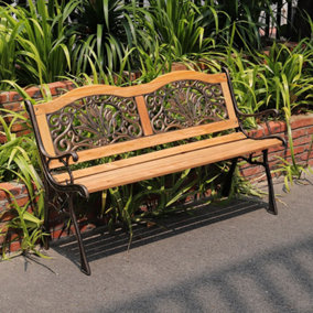 Livingandhome 2 Seater Rustproof Metal Wood Garden Patio Bench with Backrest