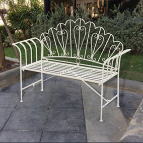 Livingandhome 2 Seater White Scalloped Rustproof Garden Cast Iron Bench
