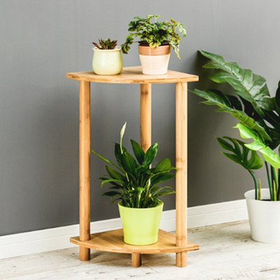 Livingandhome 2 Tier Bamboo Wood Plant Stand Corner Display Shelf 60 cm