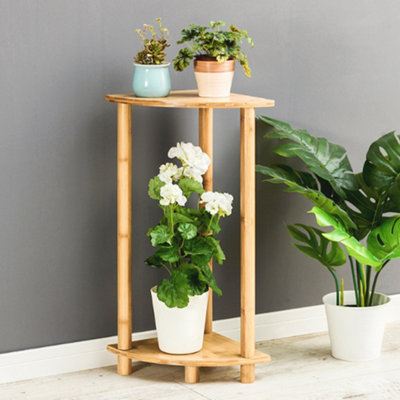 Livingandhome 2 Tier Bamboo Wood Plant Stand Corner Display Shelf 70 cm