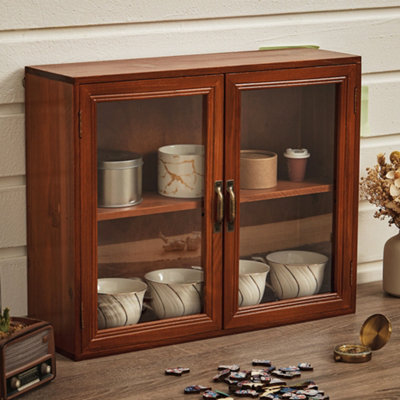 Livingandhome 2 Tier Brown Desktop Rustic Wood 2 Door Storage Organizer