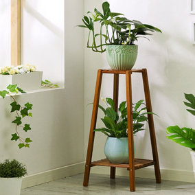 Livingandhome 2 Tier Brown Vintage Tiered Indoor Plant Stand Solid Wood Display Shelf 60 cm