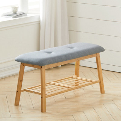 Bamboo shoe bench online with grey cushion seat