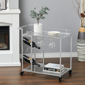 Livingandhome 2 Tier Metal Drinks Snacks Serving Cart Kitchen Trolleys with Wine Rack and Glass Holder