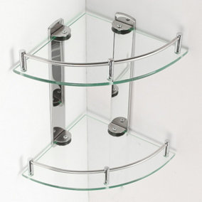 Livingandhome 2 Tier Wall Mounted Tempered Glass Corner Bathroom Storage Shelf Shower Organizer Display Rack Dia 20 cm