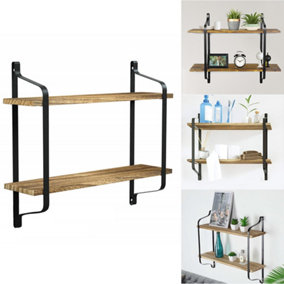 Livingandhome 2 Tiers Wooden Floating Wall Shelf Rack Metal Frame Storage Display Shelving  Shelf