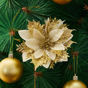 Livingandhome 24 Pcs Gold Artificial Christmas Tree Flower Baubles Christmas Decoration Set Xmas Ornament
