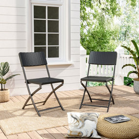 Livingandhome 2Pcs Black Rattan Effect Outdoor Garden Folding Chairs Dining Chairs Set