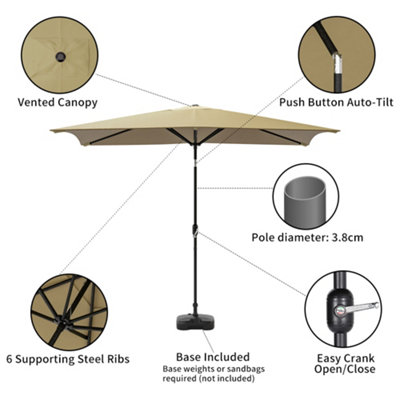 Livingandhome 2x3M Garden Outdoor Parasol Umbrella Patio Sun Shade Crank Tilt with Square Base, Taupe