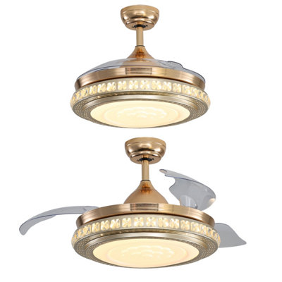 Livingandhome 3 Blade Gold Round Crystal Diammable Ceiling Fan Light with Remote Control