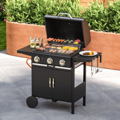 Livingandhome 3 Burner Outdoor BBQ Propane Gas Grill with Wheels 106cm W x 53cm D x 102cm H