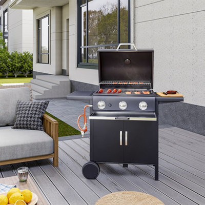 Livingandhome 3 Burner Outdoor BBQ Propane Gas Grill with Wheels 106cm W x 53cm D x 102cm H