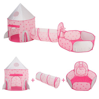 Livingandhome 3 in 1 Pink Kids Play Tent Pop up Rocket Tent Teepee Garden Toys with Crawl Tunnel and Ball Pit Playground