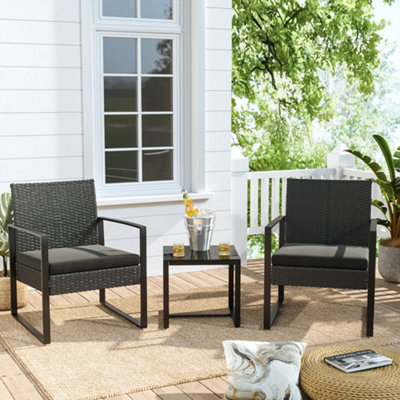 Livingandhome 3 Pieces Black Outdoor Rattan Conversation Table and