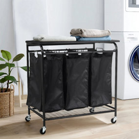 Livingandhome 3 Section Laundry Hamper Basket Bag Washing Clothes Organizer Sorter Cart with Ironing Board