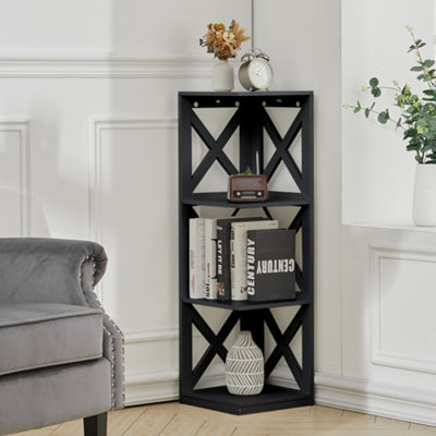 Livingandhome 3 Tier Black Wooden Modern Corner Shelf Standing Shelving