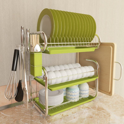 Double Tier Plate Cutlery Dryer Wooden Plate Holder, Dish Drying