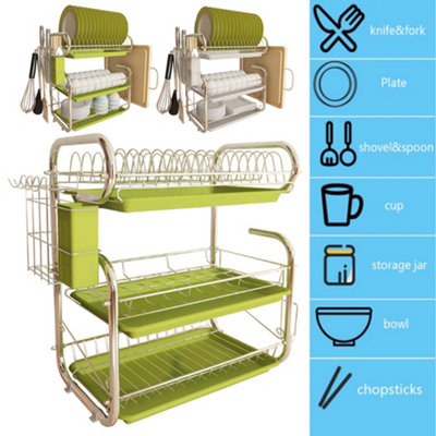 Livingandhome 3 Tier Green Kitchen Dish Drainer Rack Dish Drying Rack with  Cutlery Holder