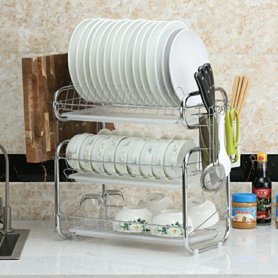 2 Tier Kitchen Stainless Steel Dish Rack with Cutlery Holder and