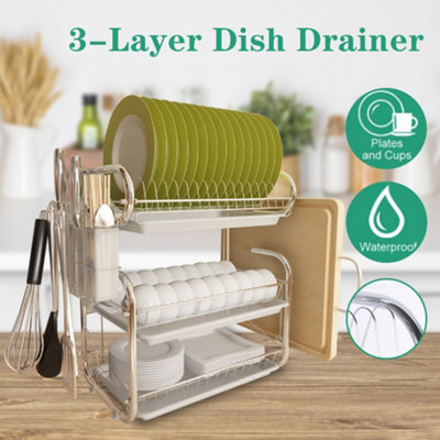 1pc Dish Drying Rack, Space Saving Double Layer Dish Rack With Drip Tray  For Kitchen Counter, Rust-Proof Dish Drainer With Cutting Board and Cutlery  Holder, Kitchen Accessories