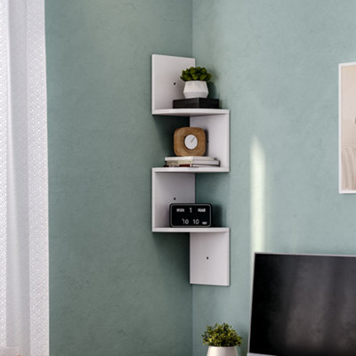 Livingandhome 3 Tier White Zigzag Design Wooden Floating Wall Corner Shelf  Bookcase | Diy At B&Q