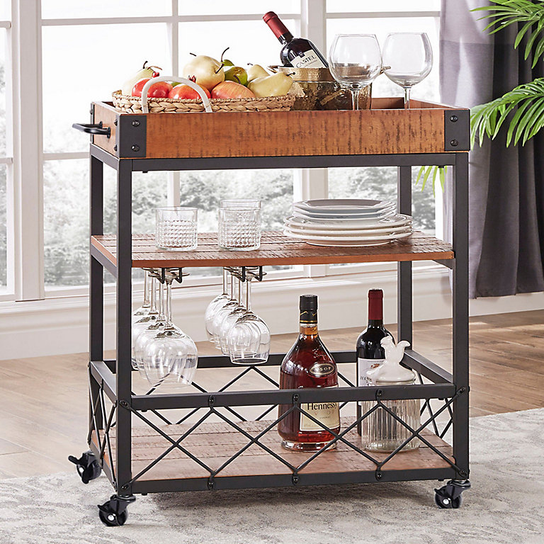 Livingandhome 3 Tier Wooden Kitchen Storage Trolley with Wheels and Wine Rack | DIY at B&Q